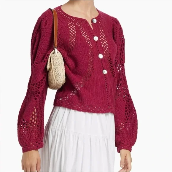 New! FARM Rio Flower Crochet Knit Burgundy Rec Cardigan ♥️ Small NWT! - Picture 5 of 12